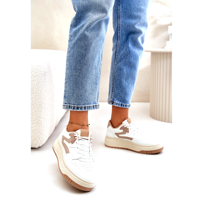 Damskie Sneakersy Z Eko Skóry Na Platformie Biało-Beżowe Henizore białe 2