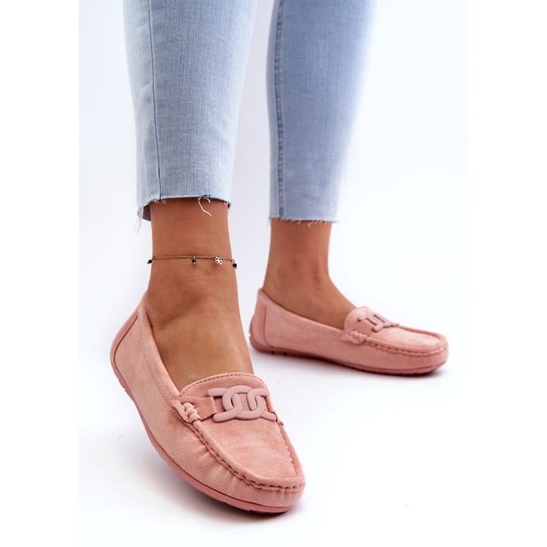 Eko-zamszowe mokasyny damskie jasnoróżowe z ozdobą 4