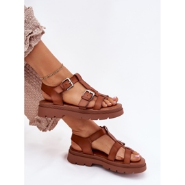 Sandały Damskie Eko Skórzane Z Klamrami Camel brązowe 6