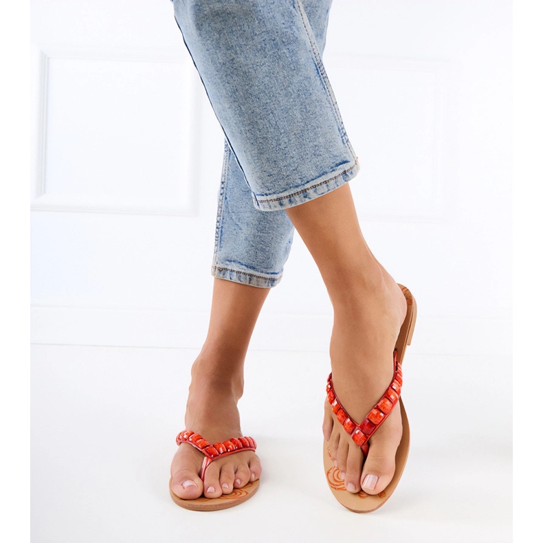 Pomarańczowe klapki japonki zdobione kamykami 1