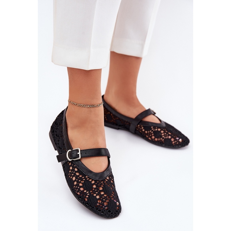 Ażurowe Baleriny Z Paskiem Czarne 2