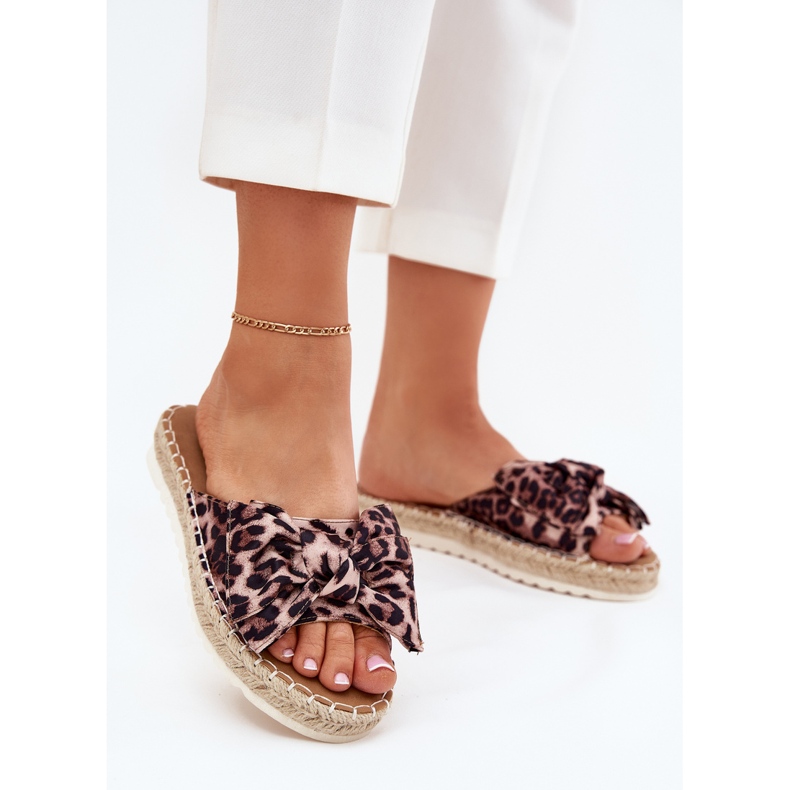 Klapki Damskie Na Platformie Z Plecionką I Kokardką Panterka brązowe 2