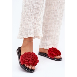 Klapki Damskie Z Materiałowymi Kwiatami Czerwone 2