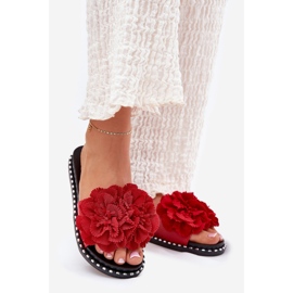 Klapki Damskie Z Materiałowymi Kwiatami Czerwone 1