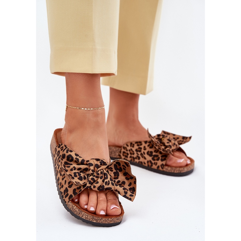 Klapki Damskie Na Korkowej Podeszwie z Kokardką Panterka brązowe 2