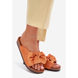 Klapki Damskie Na Korkowej Podeszwie Kokardką Pomarańczowe 1