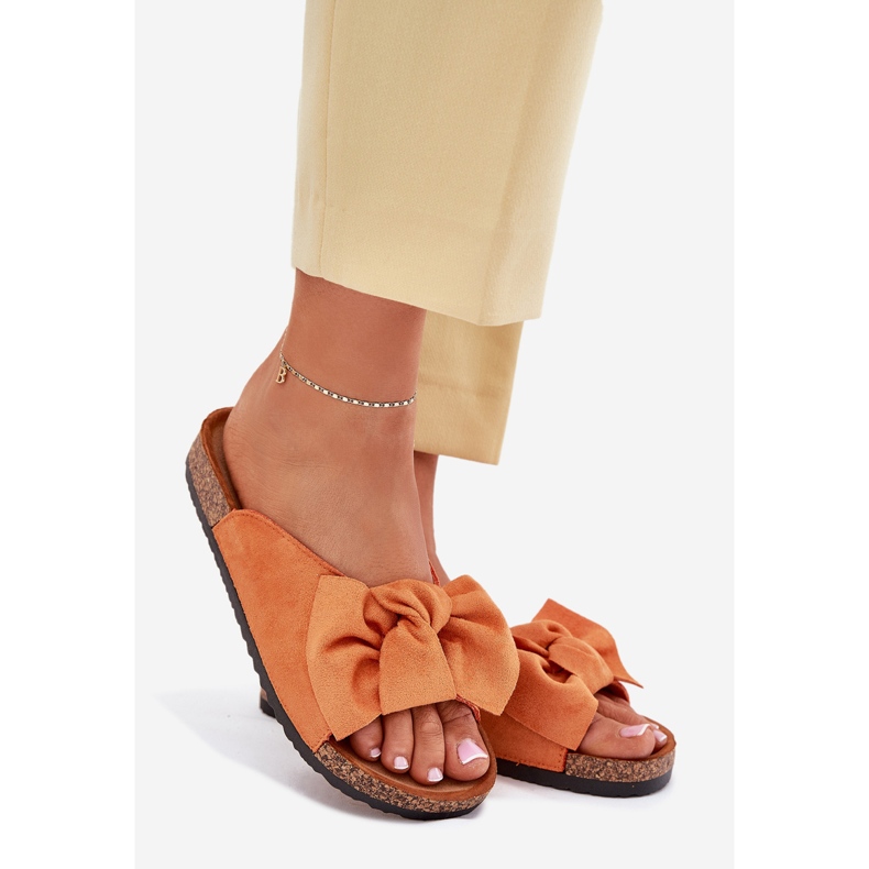 Klapki Damskie Na Korkowej Podeszwie Kokardką Pomarańczowe 1