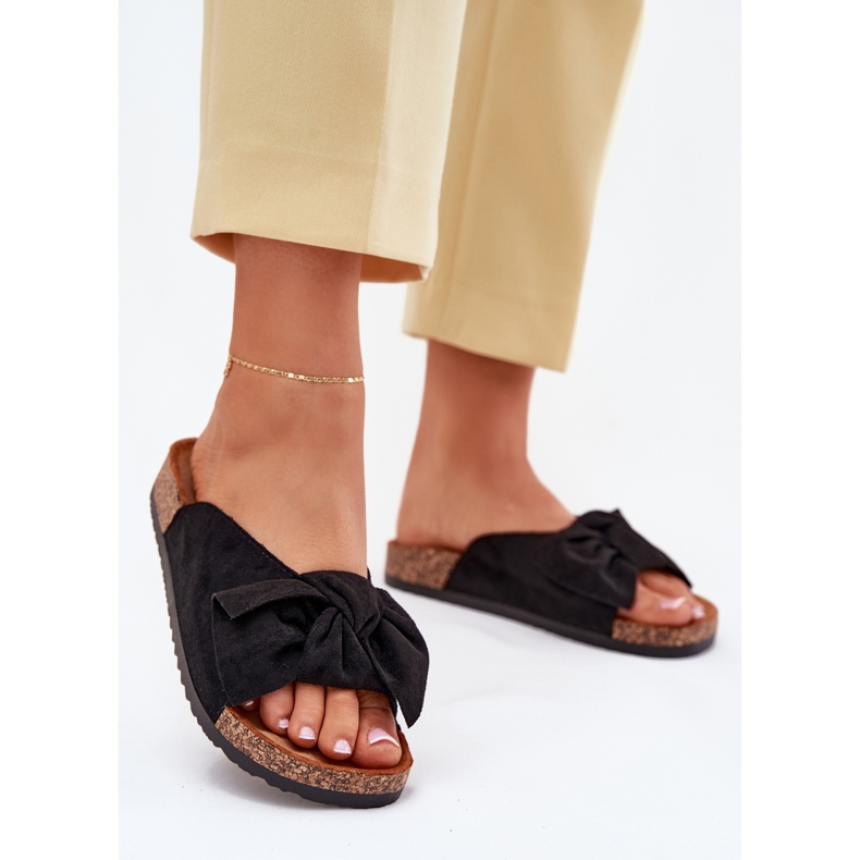 Klapki Damskie Na Korkowej Podeszwie z Kokardką Czarne 2