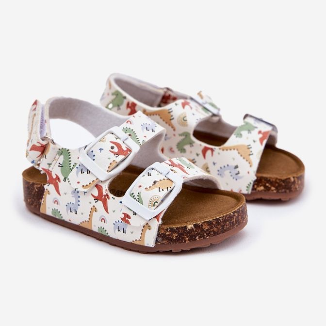 Dziecięce Sandałki Na Korkowej Podeszwie Z Klamrami Dinozaury Multikolor białe 1