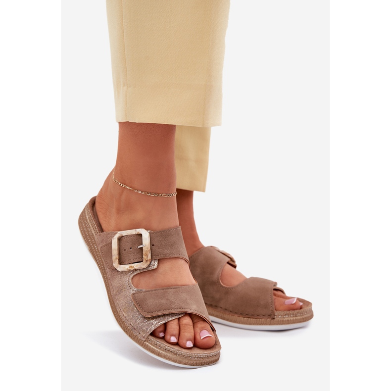 Klapki Damskie Z Klamrą I Rzepem INBLU MK000013 Brązowe 1