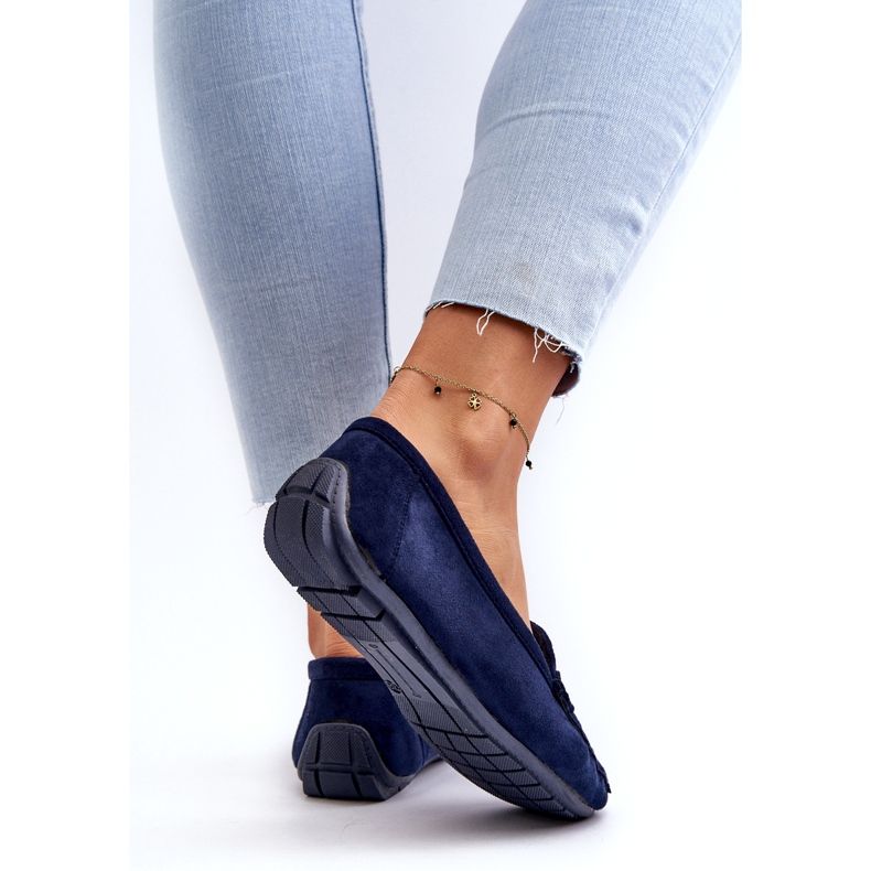 Damskie modne eko-zamszowe mokasyny granatowe niebieskie 4