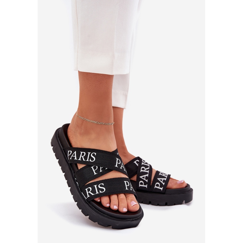 Klapki Damskie Z Materiałowymi Paskami Paris Na Platformie Czarne 1