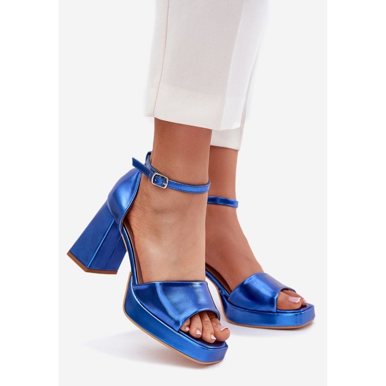 Lakierowane Sandały Damskie Na Słupku Niebieskie 1