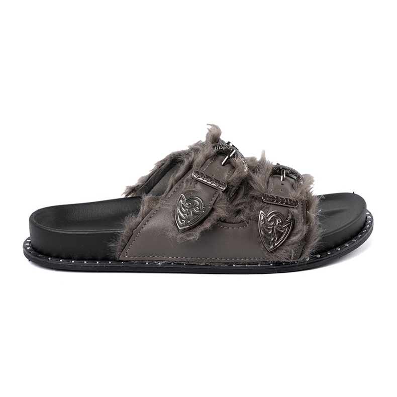 Shelvt Szare klapki z futerkiem i ćwiekami 1