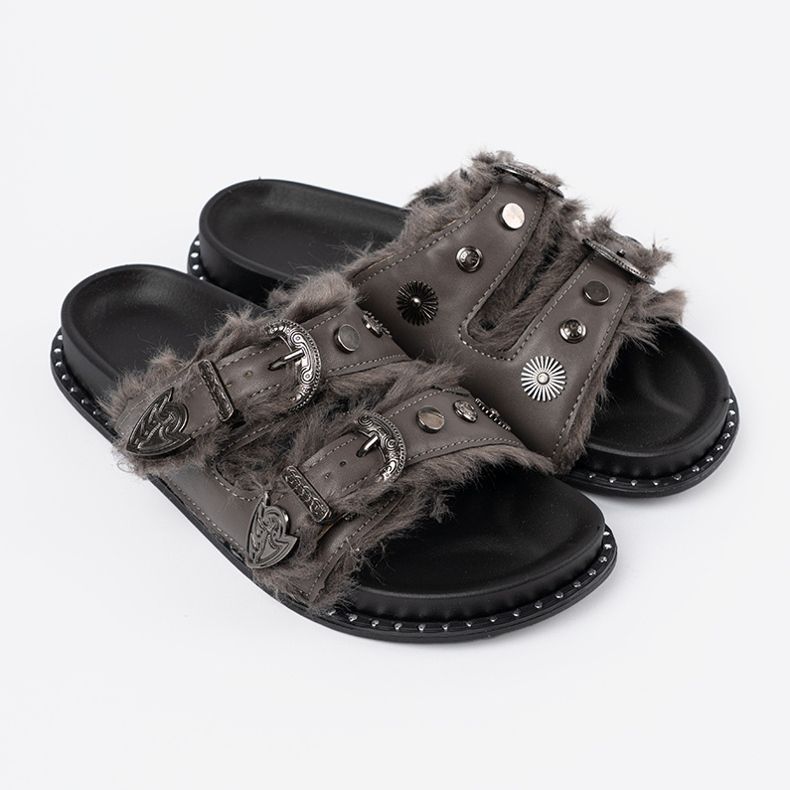 Shelvt Szare klapki z futerkiem i ćwiekami 2