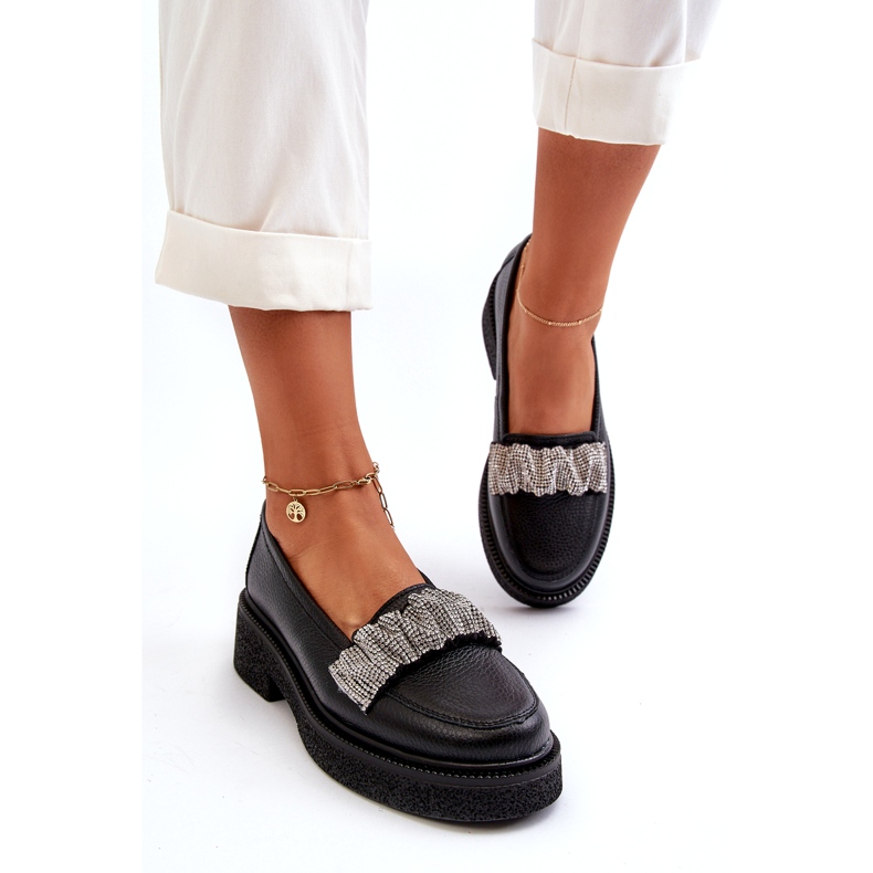 Zazoo 3419 mokasyny damskie skórzane z ozdobnym paseczkiem czarne 1