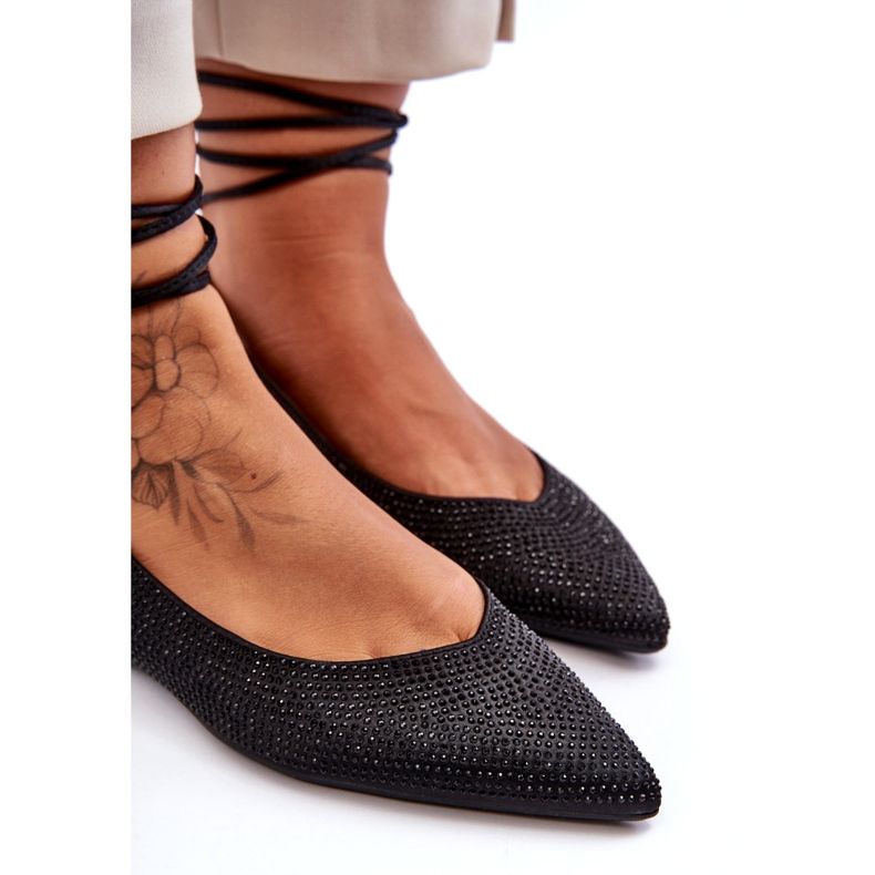Wiązane Damskie Baleriny Zdobione Ćwiekami Czarne Jange 3