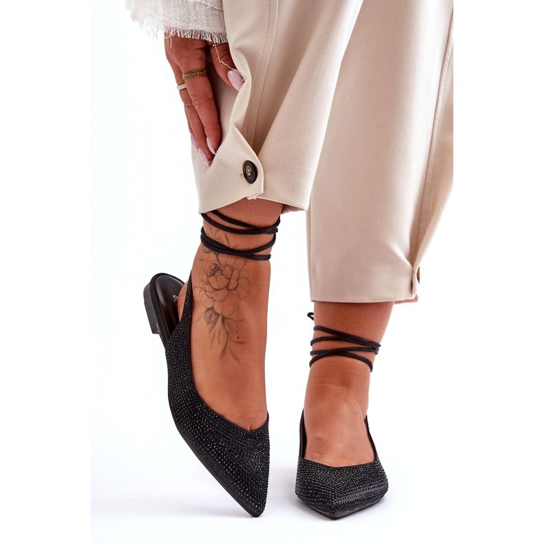 Wiązane Damskie Baleriny Zdobione Ćwiekami Czarne Jange 4