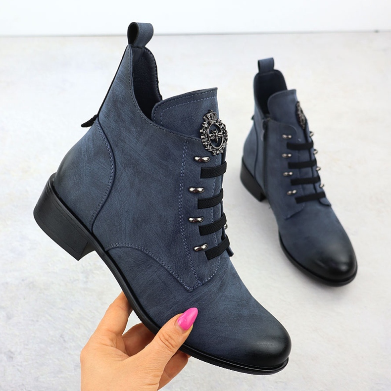 Botki damskie na płaskim obcasie ocieplane niebieskie Jezzi ASA198-21 1