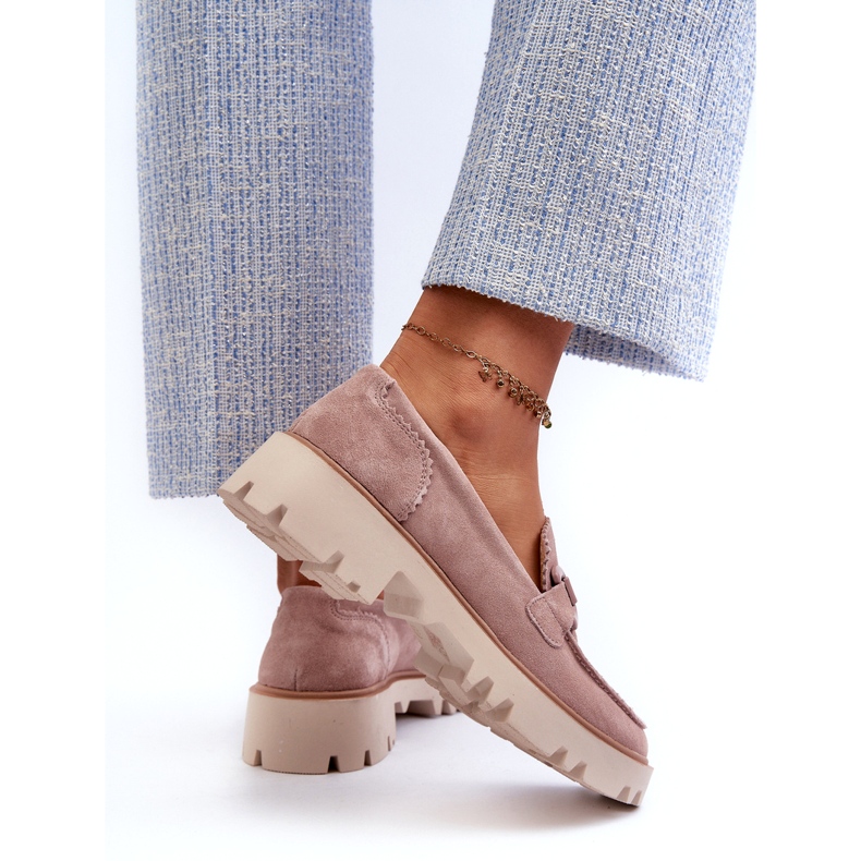 S.Barski Zamszowe Mokasyny Damskie Z Ozdobą D&A TW117 Różowe 4