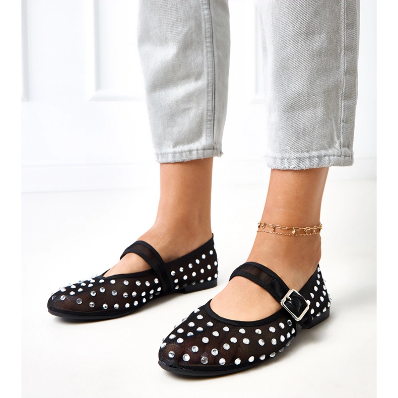 Czarne balerinki siateczkowe z kryształkami Malmo 1