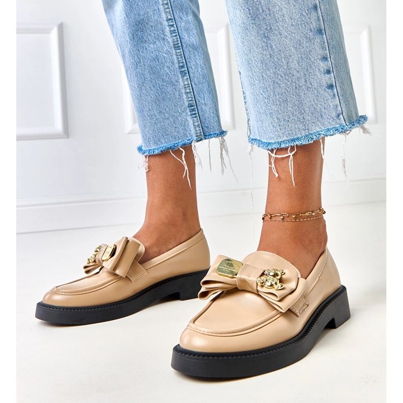 Beżowe mokasyny z kokardką i misiem Teriwa beżowy 1