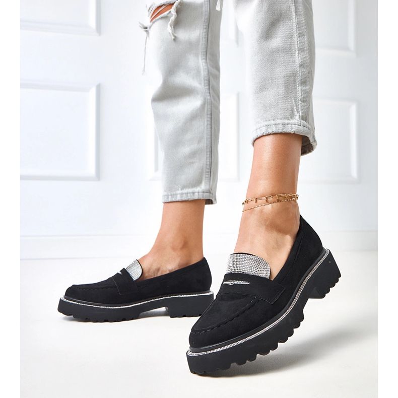 Czarne mokasyny ekozamszu zdobione cyrkoniami Kloren 2