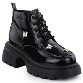 Skórzane botki damskie lakierowane workery z motylami czarne Goe SS2N4102 1