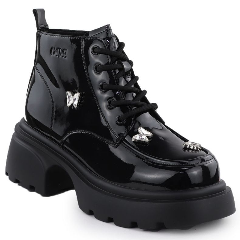 Skórzane botki damskie lakierowane workery z motylami czarne Goe SS2N4102 1