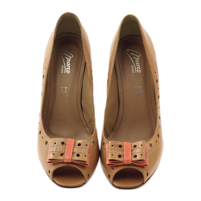 Czółenka skórzane z kokardą Marco 1932 brązowe pomarańczowe 4