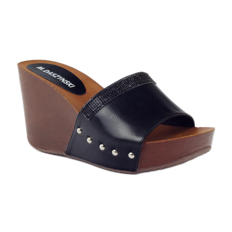 M.Daszyński Klapki na koturnie Daszyński z cyrkoniami czarne 1