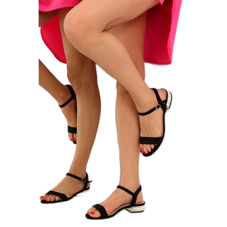 Sandałki na obcasie z perełkami czarne 99- 2