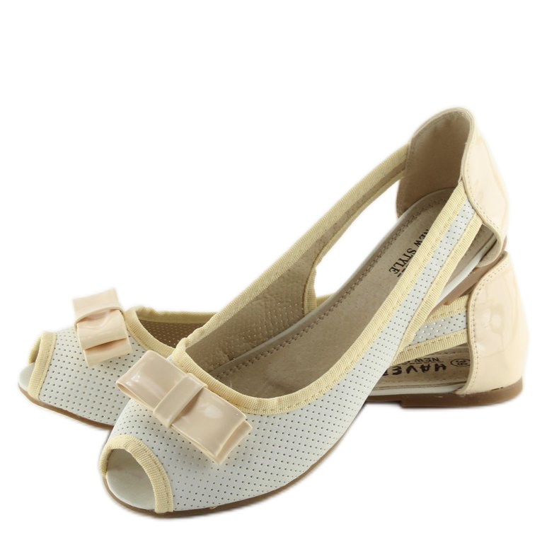 Balerinki open toe białe D314 WHITE/L.BEIGE/L.BEIGE brązowe 2