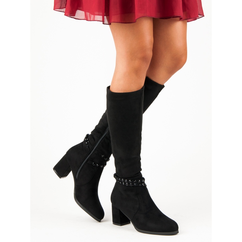 Zamszowe kozaki na słupku czarne 2