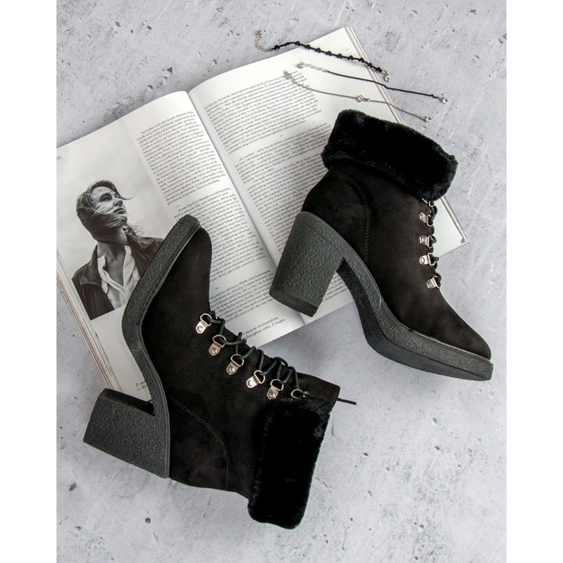 Seastar Sznurowane Botki Z Futerkiem czarne 1