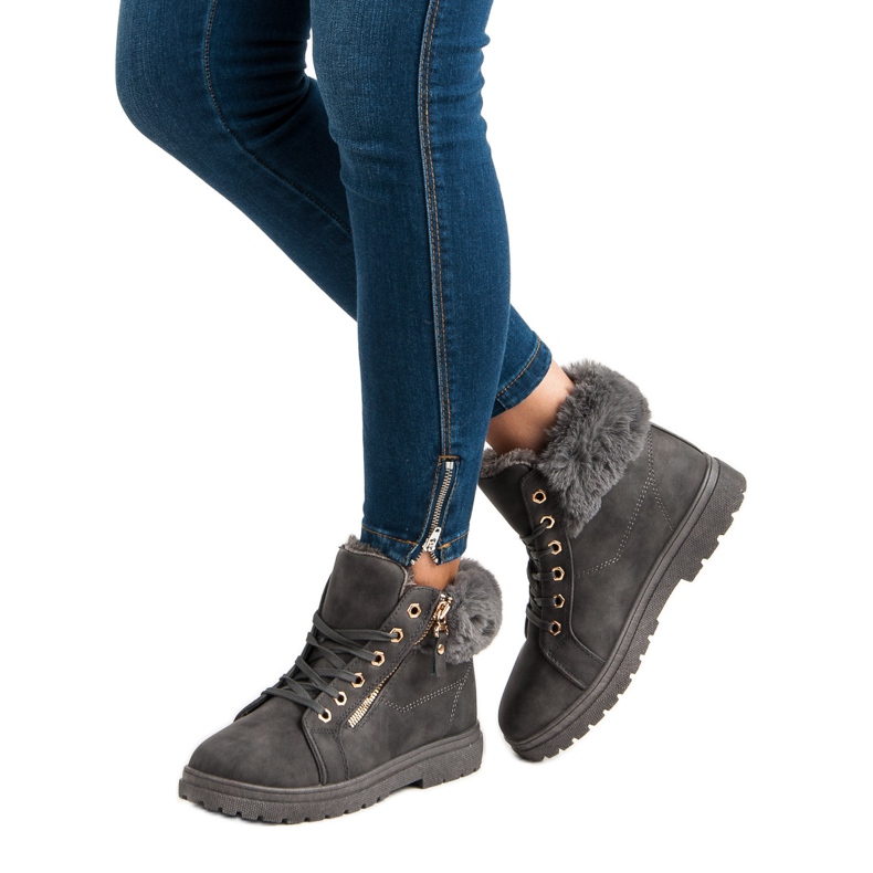Ocieplane wiązane botki szare 2