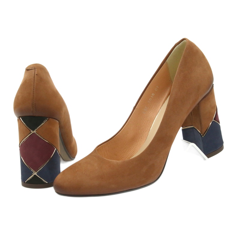 Espinto wizytowe czółenka rude na ozdobnym słupku brązowe 5