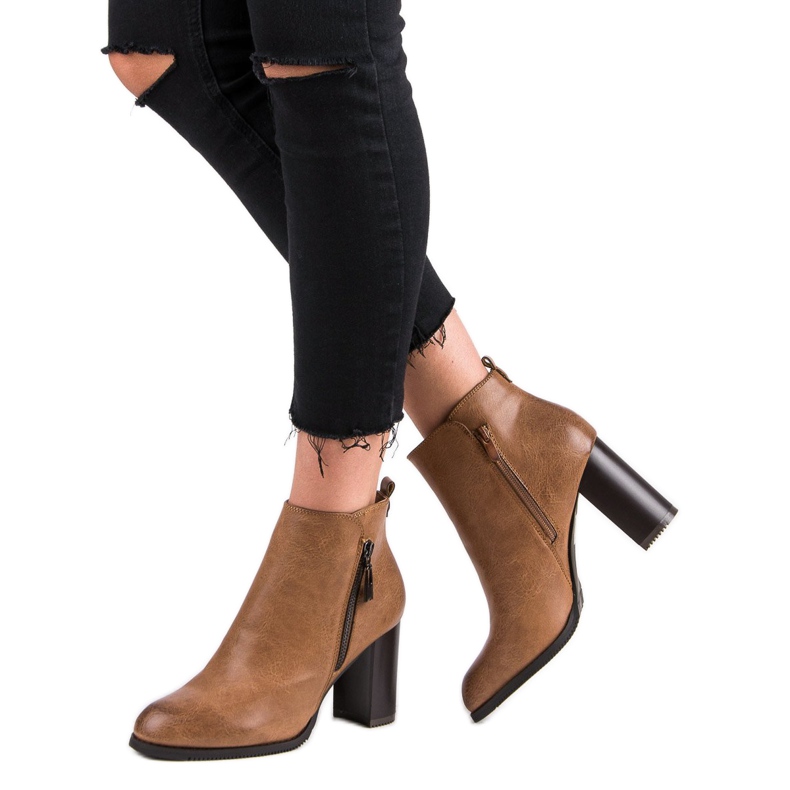 Super Mode Camelowe botki na obcasie brązowe 2