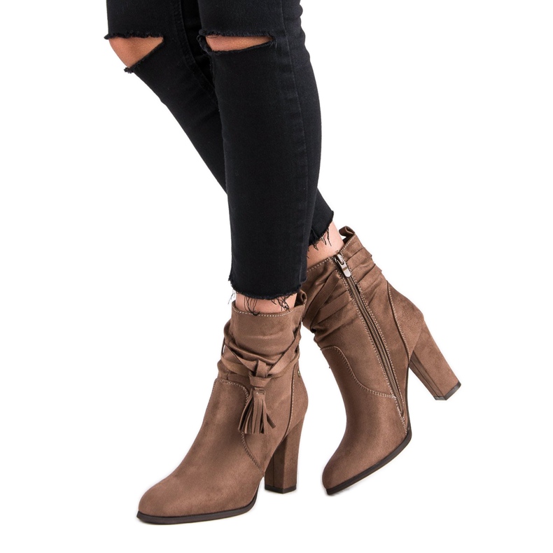 Super Mode Eleganckie botki na słupku brązowe 2