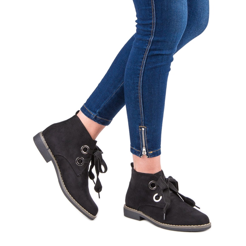 Super Mode Zamszowe Wiązane Botki czarne 2