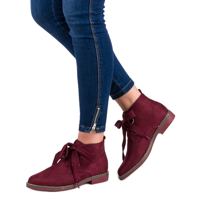 Super Mode Zamszowe wiązane botki czerwone 2