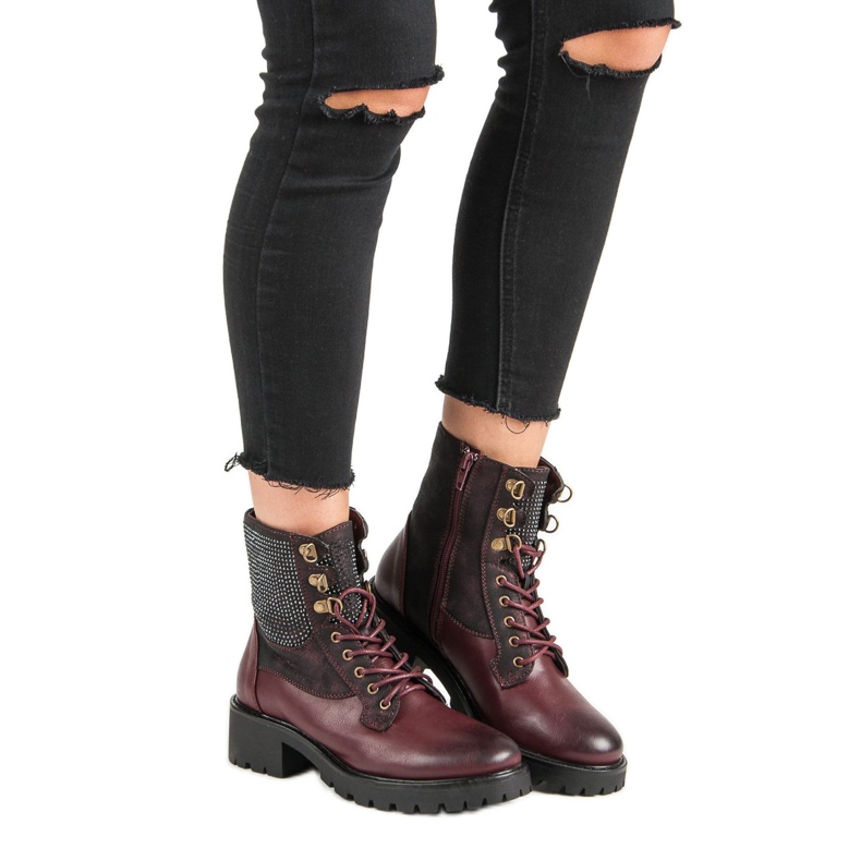 Ideal Shoes Sznurowane Workery Na Platformie wielokolorowe czerwone 1