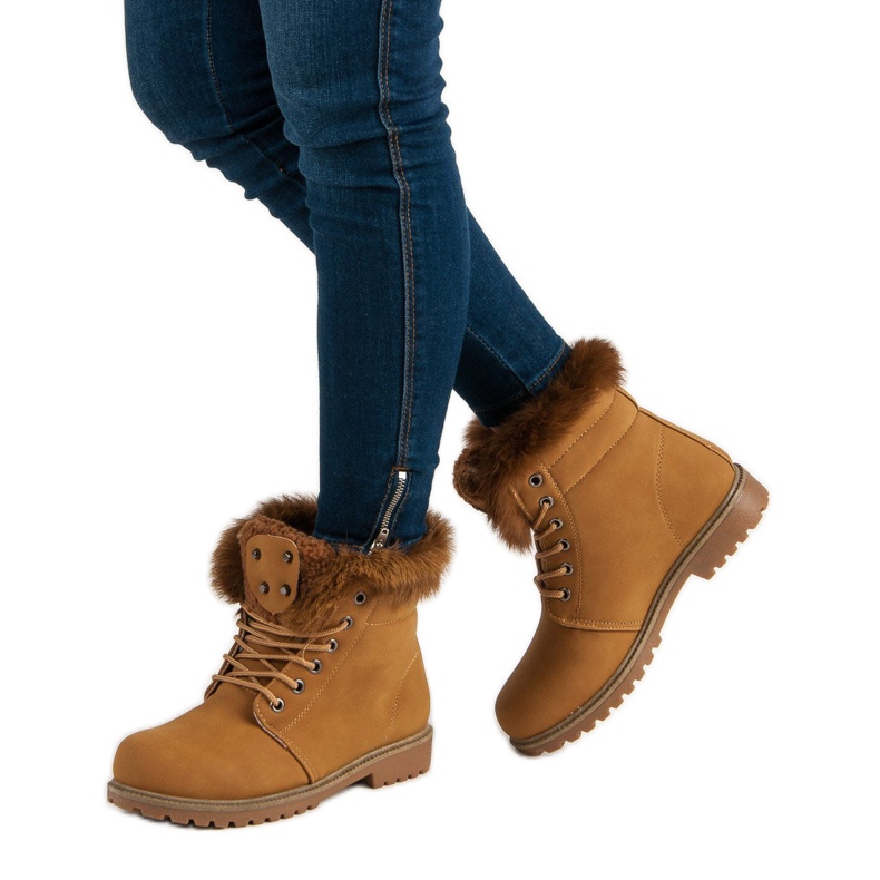 Queentina Camelowe Traperki Z Futerkiem brązowe 1