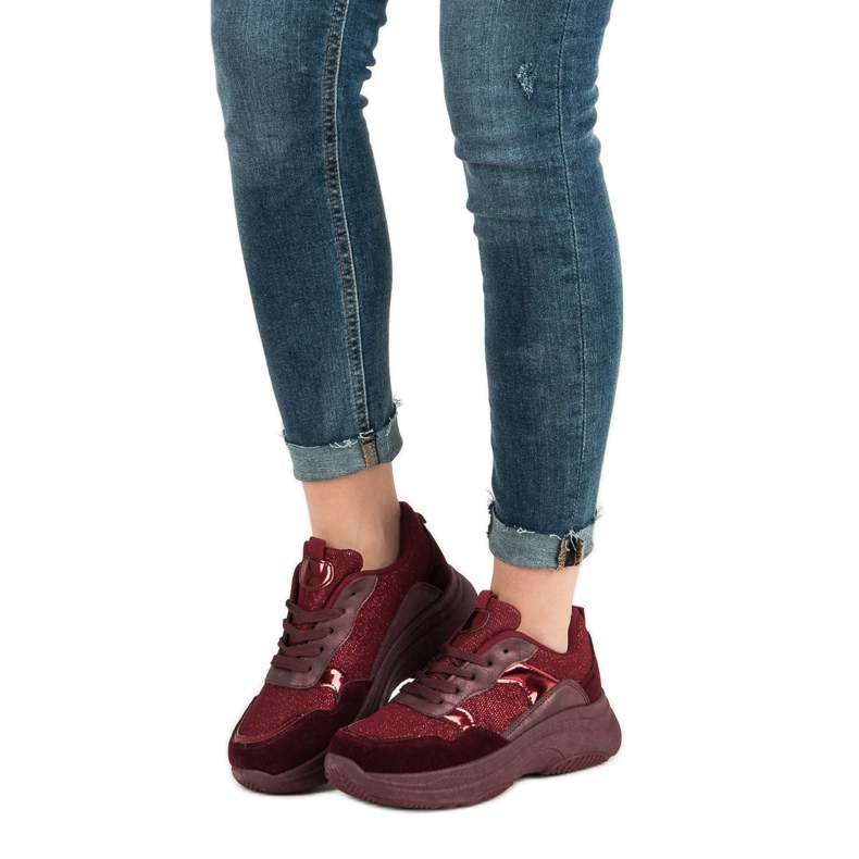 Bordowe Trampki Na Platformie czerwone 1