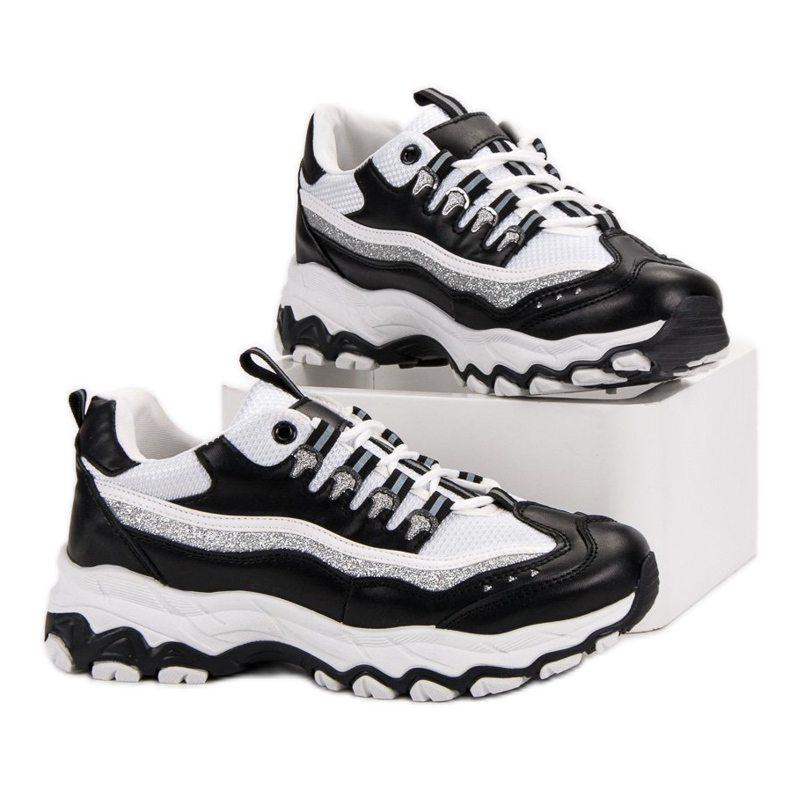 Sneakersy Z Brokatem białe czarne 2