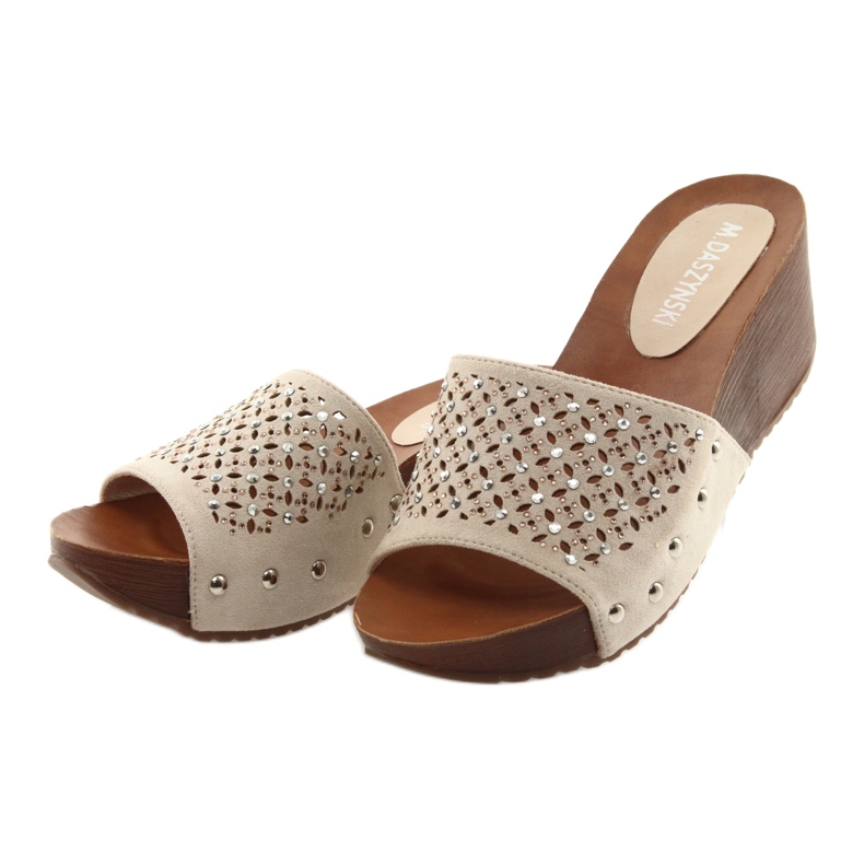 M.Daszyński Klapki na koturnie beżowe Daszyński SA144-6 z cyrkoniami beżowy 3