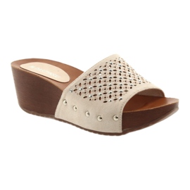 M.Daszyński Klapki na koturnie beżowe Daszyński SA144-6 z cyrkoniami beżowy 1