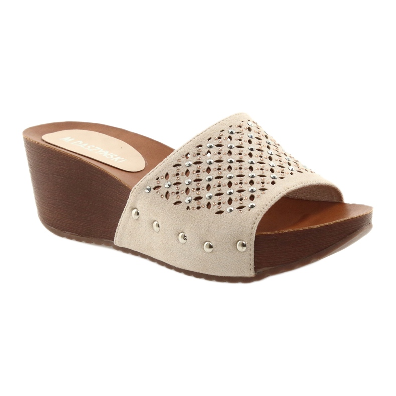 M.Daszyński Klapki na koturnie beżowe Daszyński SA144-6 z cyrkoniami beżowy 1