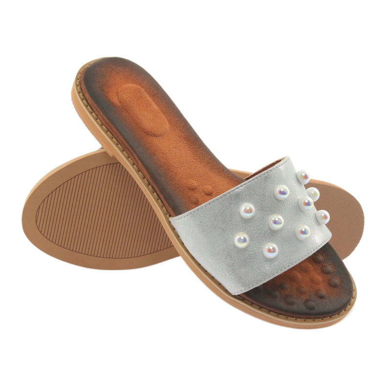 M.Daszyński Klapki damskie 1837 zdobione perłami szare 4