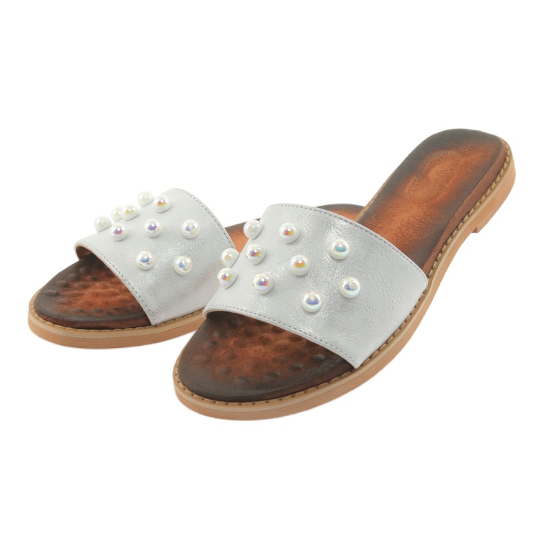 M.Daszyński Klapki damskie 1837 zdobione perłami szare 3